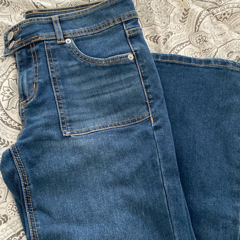 Dark Blue Jeans Low rise boot cut flair distressed zipper and button tab 9